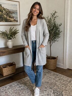 DONNI. Ribbed Knit Cardigan in Gray. OSFA